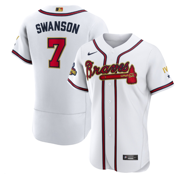 Men's Atlanta Braves #7 Dansby Swanson 2022 White/Gold World Series Champions Program Flex Base Stitched Baseball Jersey Men's Atlanta Braves #7 Dansby Swanson 2022 White/Gold World Series Champions Program Flex Base Stitched Baseball Jersey